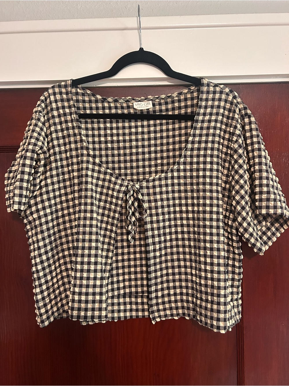 Black & Cream Gingham Tie-Front Women's Top